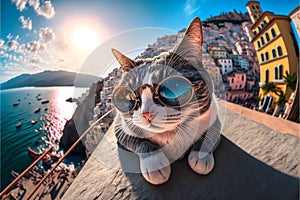 Travelling cat in sunglasses sunbathing on top of roof in South American country