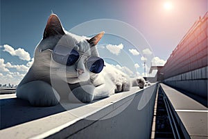 Travelling cat in sunglasses sunbathing on walk way street