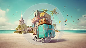 travelling concept, suitcase, beach, sea, palm trees, minivan, dreams, vacation concept, ai generated