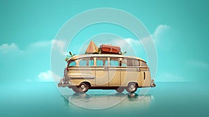 travelling concept, suitcase, beach, sea, palm trees, minivan, dreams, vacation concept, ai generated