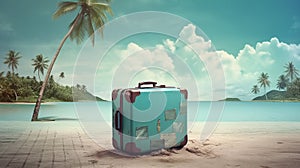 travelling concept, suitcase, beach, sea, palm trees, minivan, dreams, vacation concept, ai generated