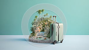 travelling concept, suitcase, beach, sea, palm trees, minivan, dreams, vacation concept, ai generated