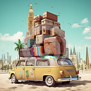 travelling concept, suitcase, beach, sea, palm trees, minivan, dreams, vacation concept, ai generated