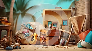 travelling concept, suitcase, beach, sea, palm trees, minivan, dreams, vacation concept, ai generated