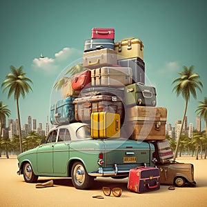 travelling concept, suitcase, beach, sea, palm trees, minivan, dreams, vacation concept, ai generated