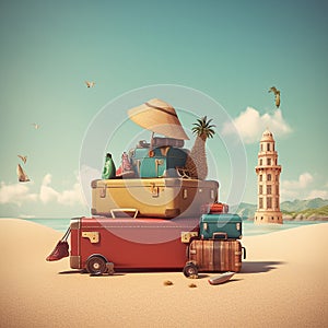 travelling concept, suitcase, beach, sea, palm trees, minivan, dreams, vacation concept, ai generated