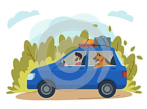 Travelling with dogs. Illustration of man riding a car with dog. Stock vector.