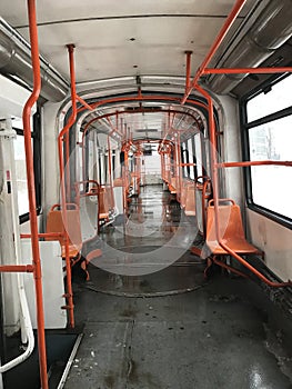 Travelling with a empty tram in winter.