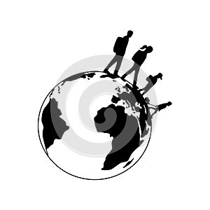 Travelling family silhouettes spinning Planet Earth icon. Man, woman, kids. Simple Flat monochrome icon