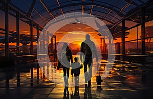 Travelling family on sunset airport. Tourists with child in arrival terminal. Generative AI