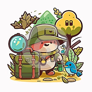 Travelling through the forest. A trip to the countryside. Cartoon vector illustration. isolated background, label, sticker