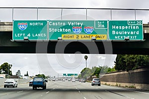 Travelling on the freeway through Hayward towards Oakland and approaching the Castro Valley / Stockton junction; East San