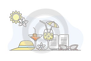 Travelling and Journey for Vacation with Tropical Cocktail in Glass with Straw Line Vector Composition