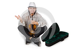 The travelling musician isolated on white