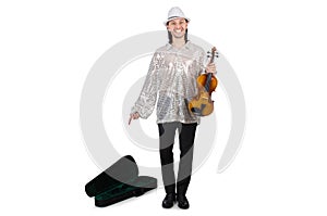 The travelling musician isolated on white