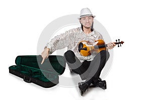 The travelling musician isolated on white