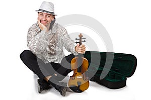 The travelling musician isolated on white