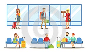 Travelling People in Airport Set, Passengers Waiting for Flight at Terminal Vector Illustration