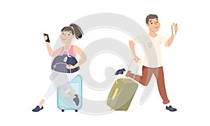 Travelling people going on vacation set. Tourists travelling with suitcases cartoon vector illustration
