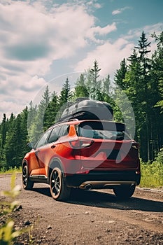 Back view of a car with luggage on the roof. Car on the road with a lot of suitcases on roof. Family travel on vacation.