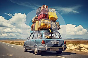 Back view of a retro car with luggage on the roof. Car on the road with a lot of suitcases on roof. Family travel on