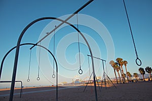 Travelling Rings for exercise at muscle beach jungle gym on in Santa Monica, California at early morning