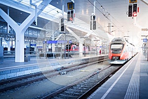 Travelling scene on a train station, public transport: rail platform or track