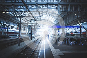 Travelling scene on a train station, public transport: rail platform or track