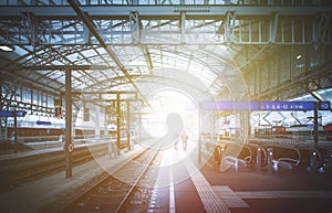 Travelling scene on a train station, public transport: rail platform or track