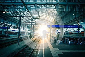 Travelling scene on a train station, public transport: rail platform or track