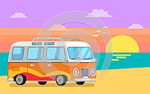 Travelling Trailer Van at Coastline on Background