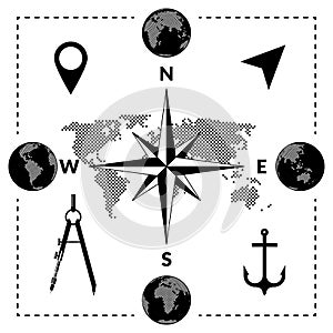 Travelling vector set of dotted map, globes series, compass and location icons