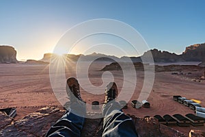 Travelling at Wadi Rum desert in Jordan with sunset landscaped