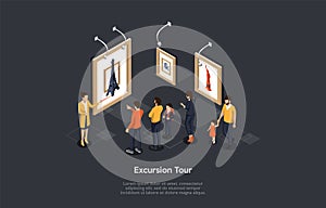 Travels And Excursions, Tours And Attractions Concept. A Group Of People With Children Visit An Art Museum. The Guide