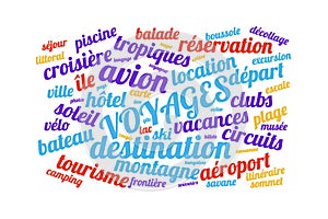 Travels word cloud vector illustration in French language