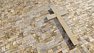 Travertin stone cross on a vintage pattern limestone background. 3d illustration metaphor for God, Christ