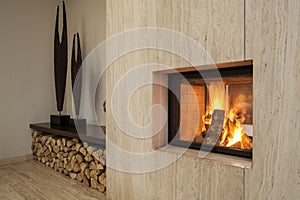 Travertine house: fireplace