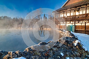 Travertine lake with hot thermal water at the spa Vysne Ruzbachy