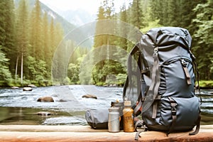 Travle backpack and river with forest. created generative ai