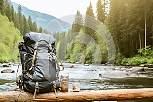 Travle backpack and river with forest. created generative ai photo