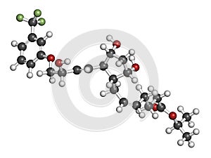 Travoprost eye disease drug molecule. Used in treatment of glaucoma and ocular hypertension. Atoms are represented as spheres with