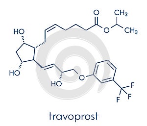 Travoprost eye disease drug molecule. Used in treatment of glaucoma and ocular hypertension. Skeletal formula.