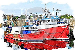 Trawler fishing red boat at Peterhead harbour in Scotland photo