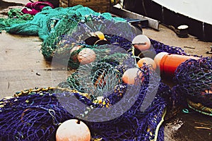 Trawler Nets with buoys on the ground in Fraserburgh Harbour, Aberdeenshire,,Scotland,UK