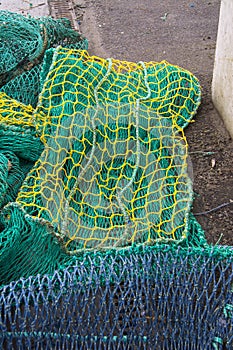 Trawler nets on the ground in Fraserburgh Harbour, Aberdeenshire, Scotland, UK