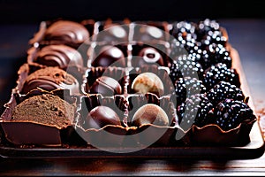 A tray of assorted chocolates and berries. World Chocolate Day