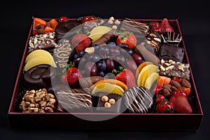 tray of assorted fruits and nuts, each covered with decadent chocolate