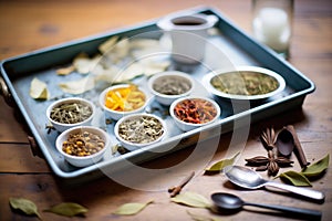 a tray with assorted tea leaves and labels next to empty cups