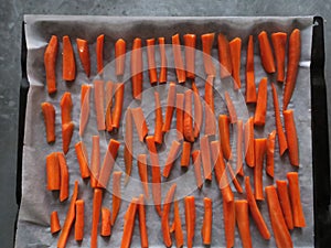 tray bake of sliced carrots