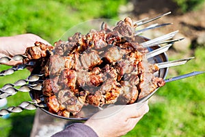 tray with barbecue on iron skewers in the hands of a man on the street. Delicious picnic lunch